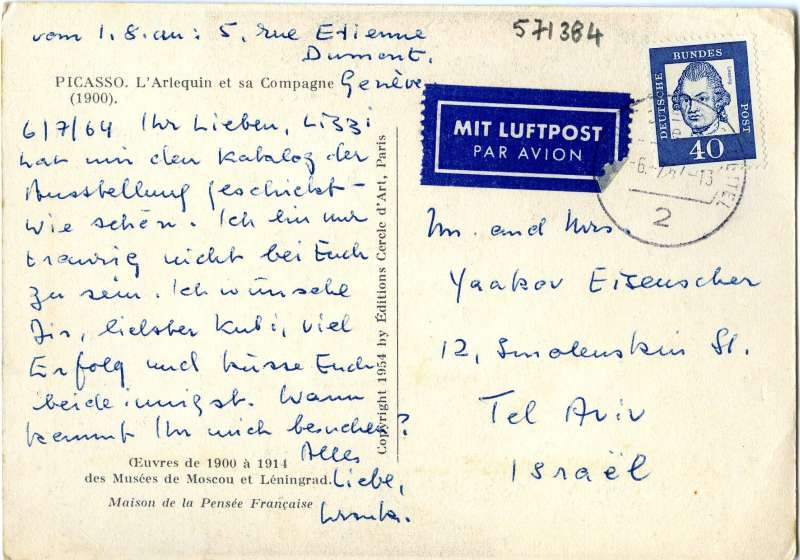 Postcard to Mr. and Mrs. J. Eisenscher from Ursula, Geneva